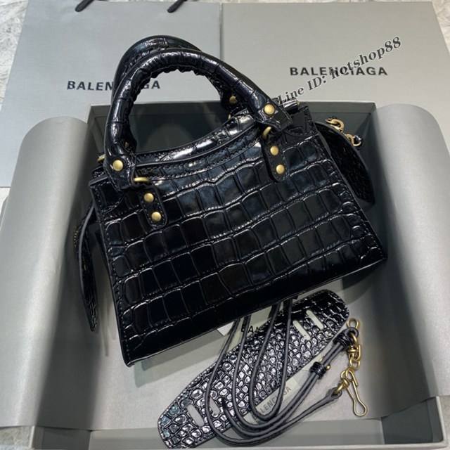 Balenciaga專櫃爆款鱷魚紋黑配金扣手袋手提包 638512 巴黎世家小號Neo Classic機車包 fyj1450